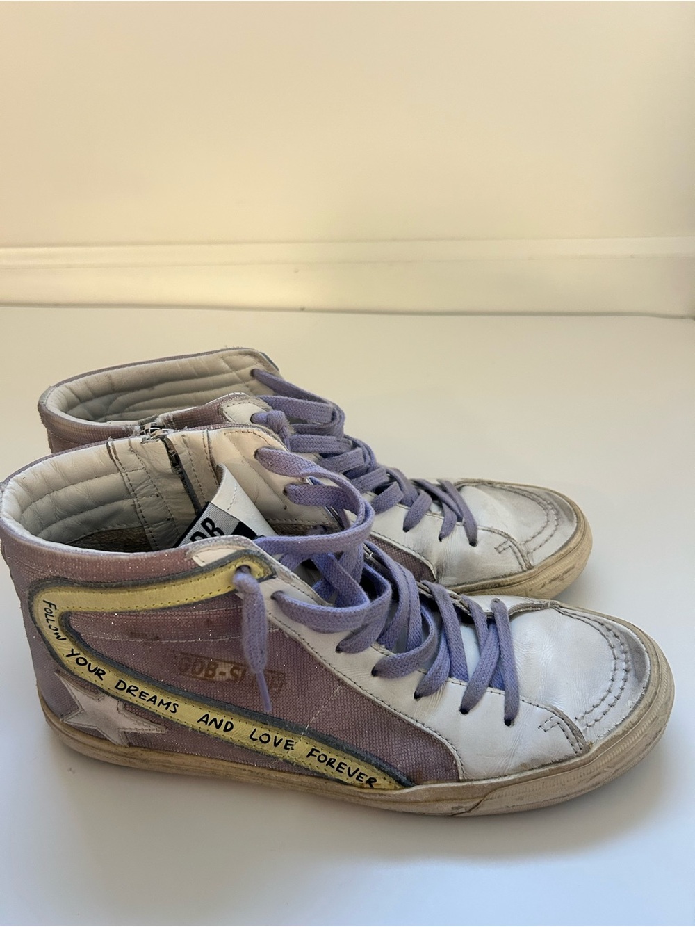 Golden Goose Women’s High-Top Sneakers in Lavender, White and Yellow